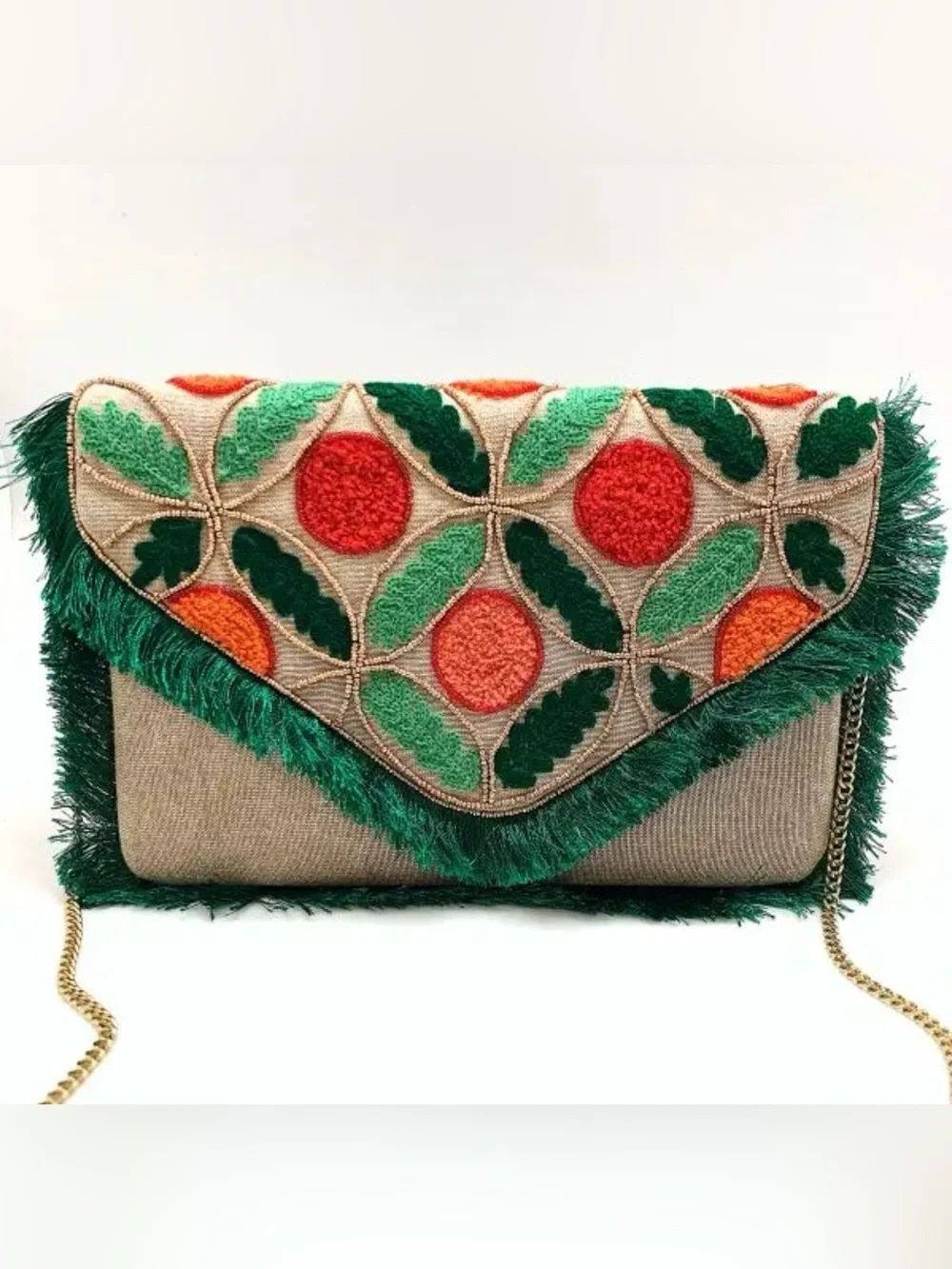 Embroidered Green Fringe Canvas Clutch with Orange Accents